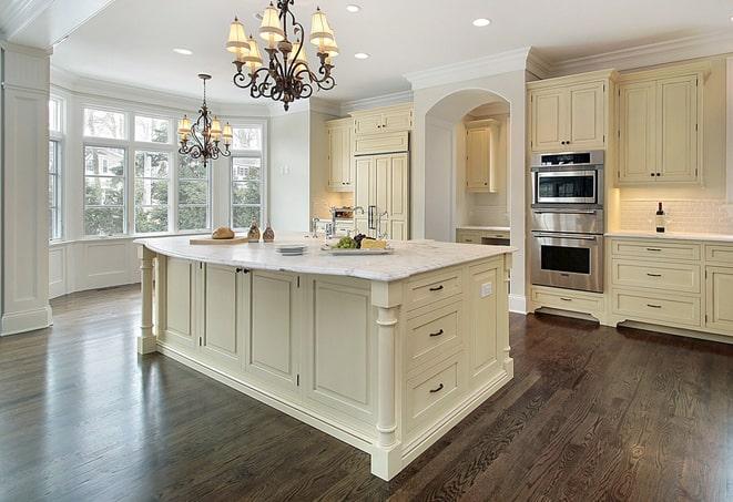 wood-look laminate flooring in bright, airy kitchen in Leavenworth WA